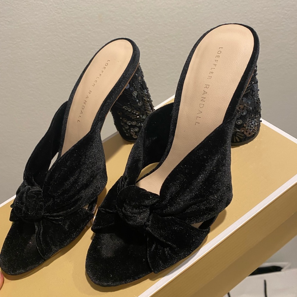 Loeffler Randal Embellished Heel Velvet Coco Mules